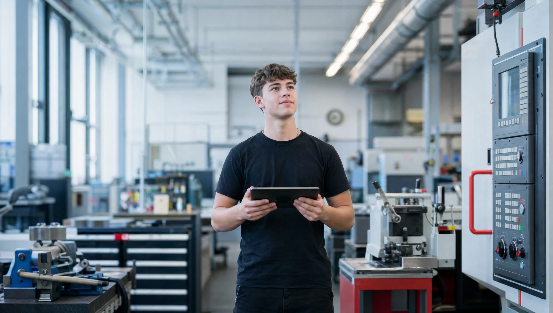 Junger Mann im schwarzen Shirt steht selbstbewusst mit Tablet in moderner Industriehalle mit CNC-Maschinen (KI-generiertes Bild)