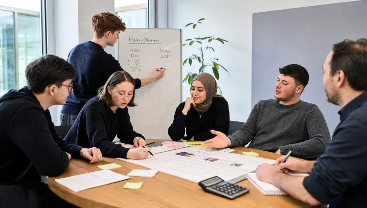 Lehrlinge analysieren gemeinsam betriebswirtschaftliche Zahlen am Whiteboard im Workshop. (KI-generiertes Bild)