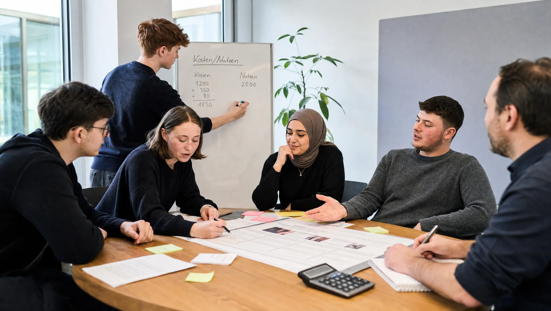 Fuenf Lehrlinge und Trainer arbeiten am Tisch an einer Kosten-Nutzen-Rechnung am Whiteboard, Taschenrechner liegt bereit (KI-generiertes Bild)