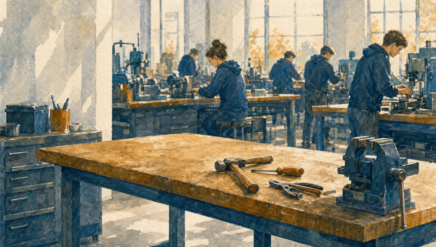 Leerer Arbeitsplatz mit ungenutztem Werkzeug im Vordergrund, im Hintergrund die laufende Werkstatt — Symbol für den Verlust einer Lehrlingsauflösung.