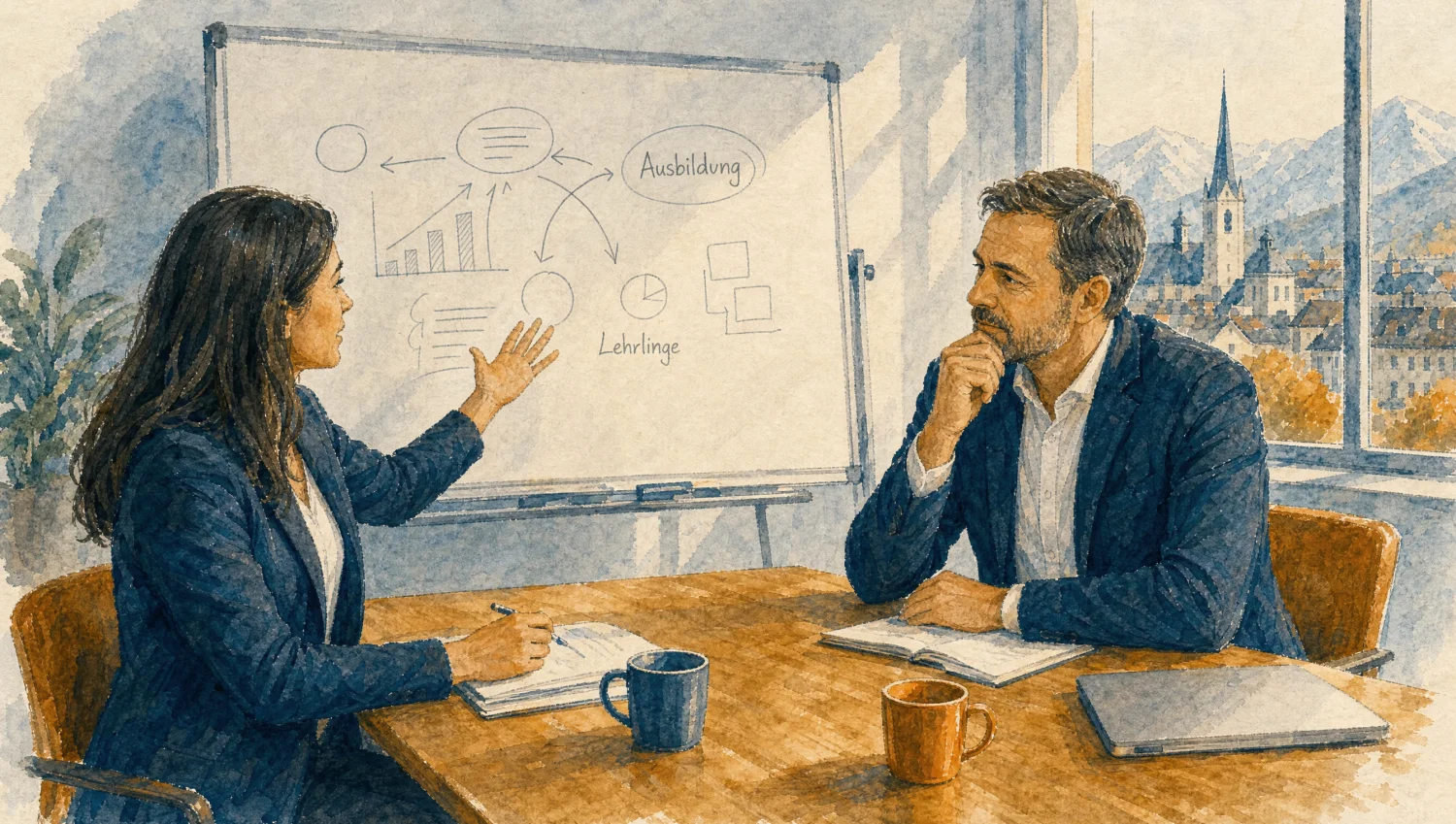 HR-Person und Geschäftsführer reflektieren am Whiteboard die Ausbildungsstrategie eines Lehrbetriebs — Lehrlinge als strategische Investition denken.