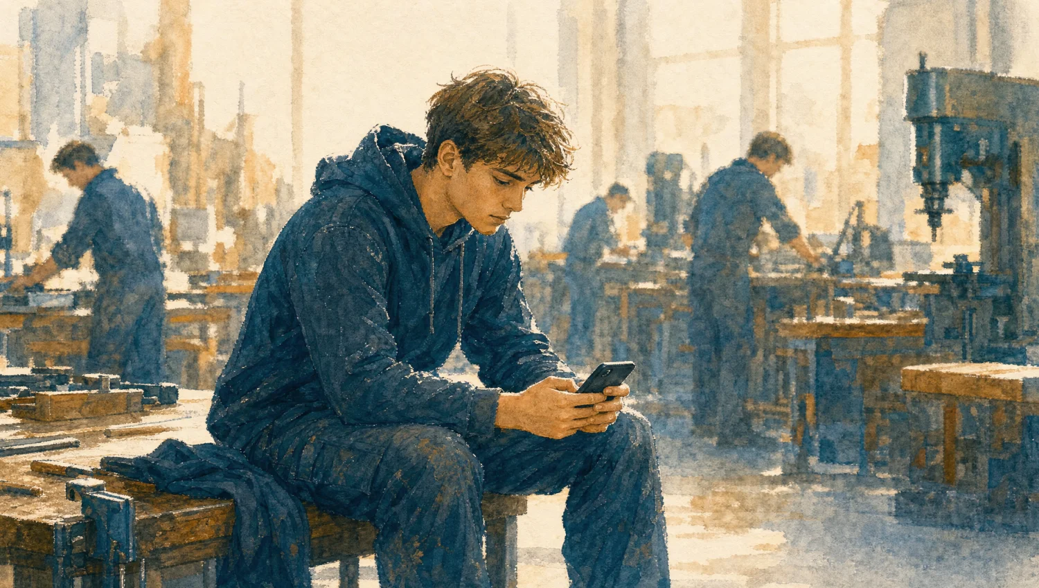 Junger Lehrling sitzt allein in einer Werkstatt-Pause, nachdenklich am Smartphone — Symbol für die Lebensphase zwischen Jugend und Erwachsensein.