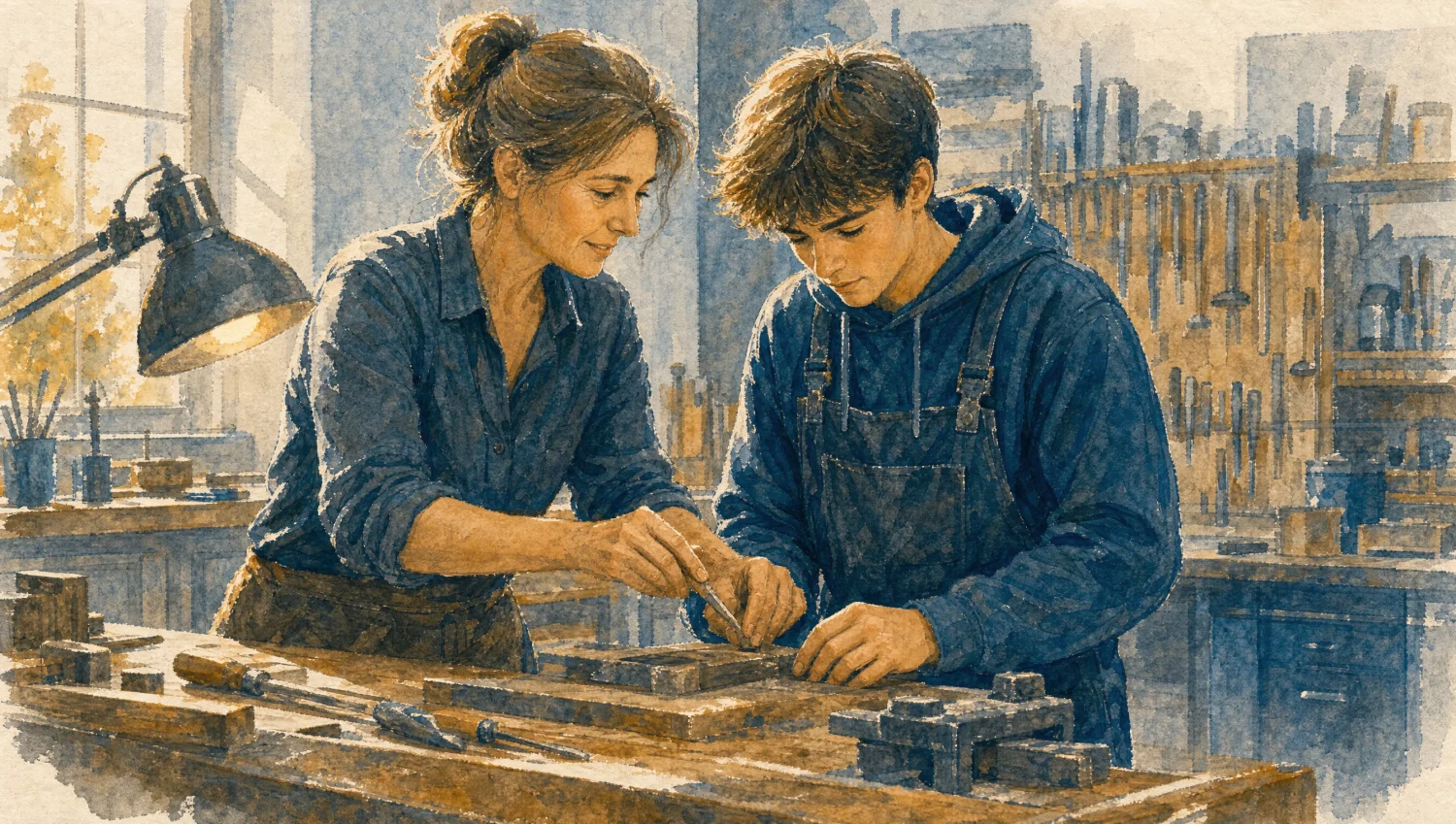 Erfahrene Fachfrau zeigt einem Lehrling eine handwerkliche Technik am Werkstück — Wissensweitergabe und Vertrauen sichtbar.