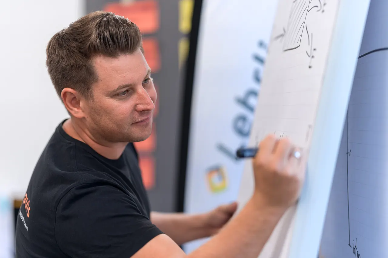 Simon Schelkshorn, Trainer bei Lehrlingsimpuls, erstellt eine Visualisierung am Flipchart – anschauliche Vermittlung von Inhalten im Rahmen eines Lehrlingsseminars.