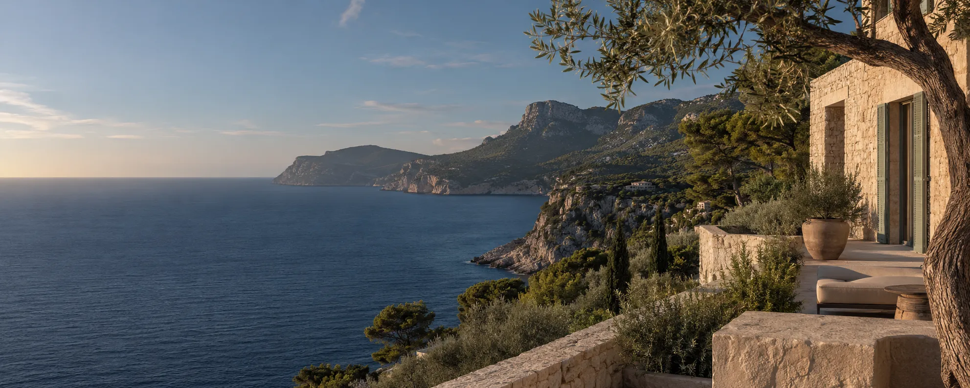 Mallorca coastal home A limestone home overlooking Mallorca's rocky coastline and the Mediterranean Sea