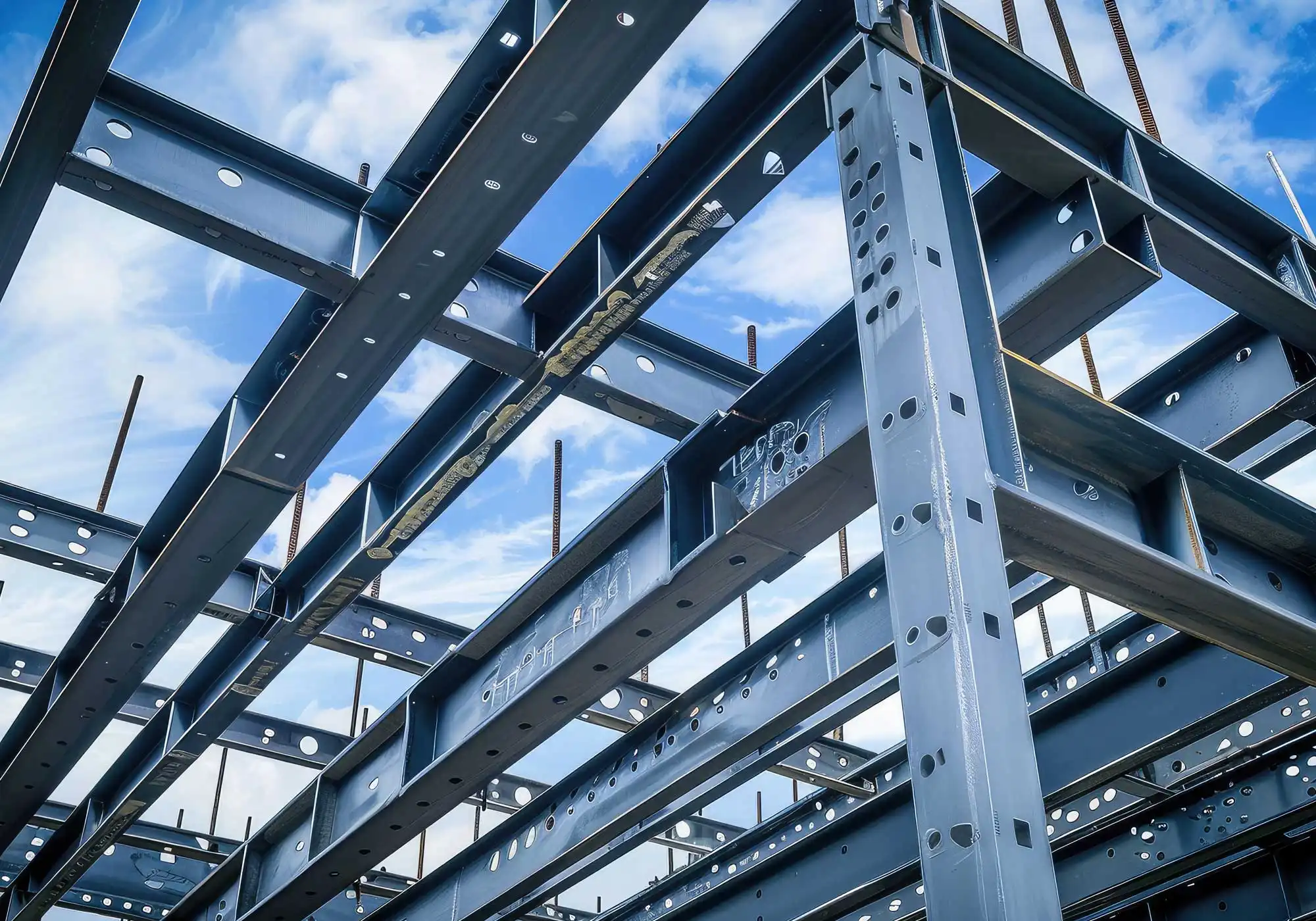 Steel frame structure with interconnected beams and columns forming a building skeleton against a blue sky with clouds
