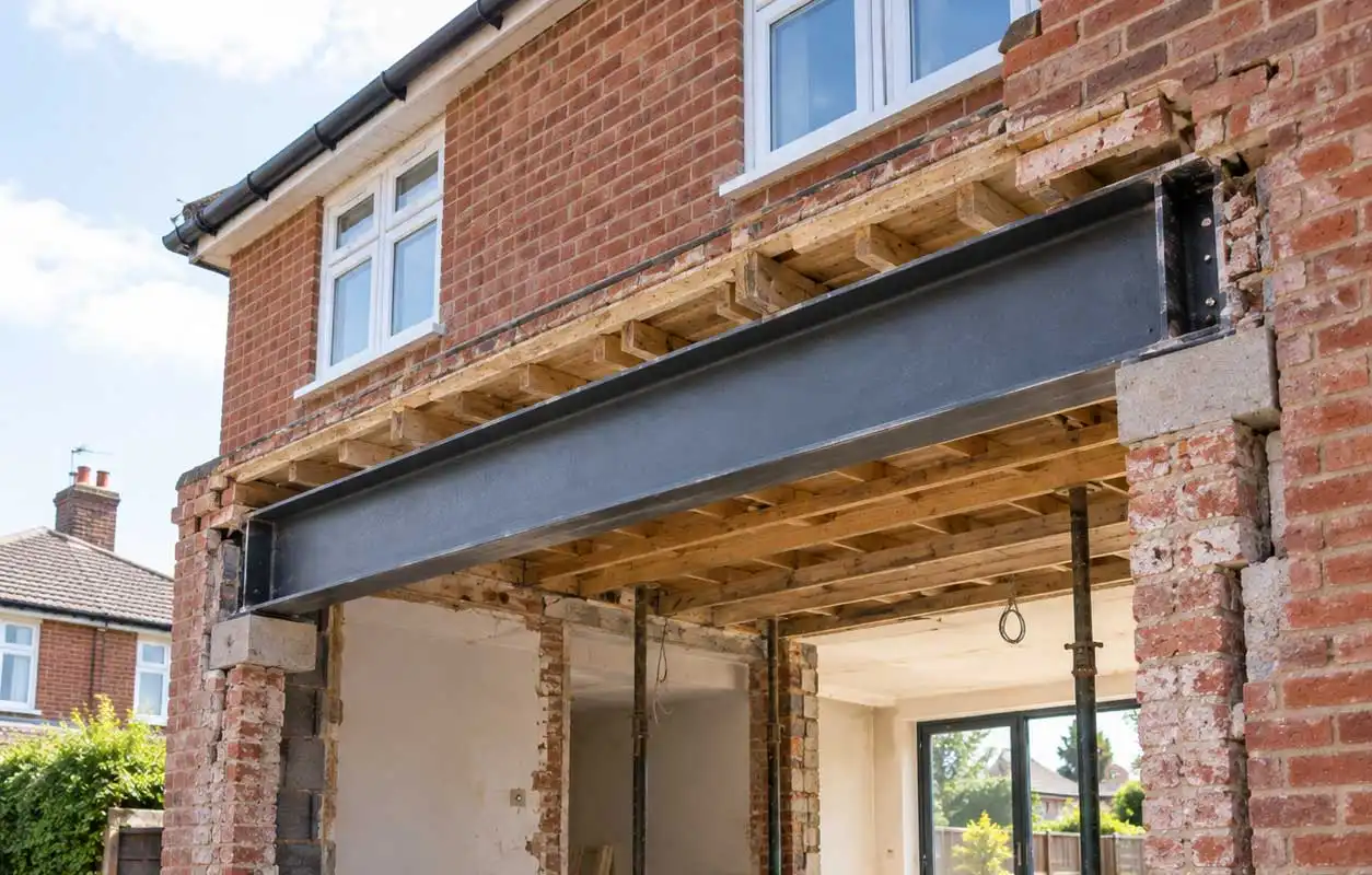 Exterior house renovation with large wall opening supported by a steel RSJ beam, exposed brickwork, padstones, and temporary supports, no workers present