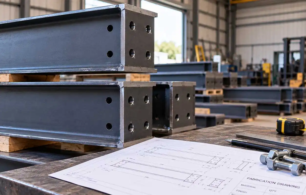 Wide steel fabrication workshop with stacked I-beams showing drilled bolt holes, fabrication drawing and tools on workbench, industrial setting in background