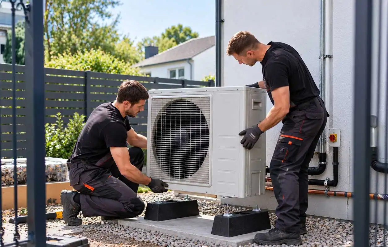 Two technicians installing an outdoor air source heat pump unit on mounting blocks beside a residential wall, aligning the system during setup
