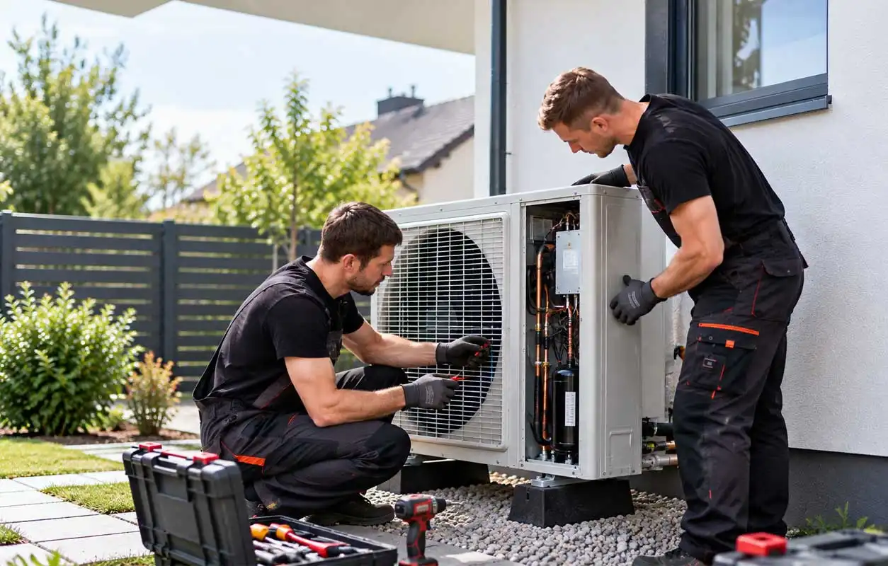 Two technicians servicing an outdoor air source heat pump, with one inspecting internal components while the other holds the open panel, tools and equipment set out beside a residential property