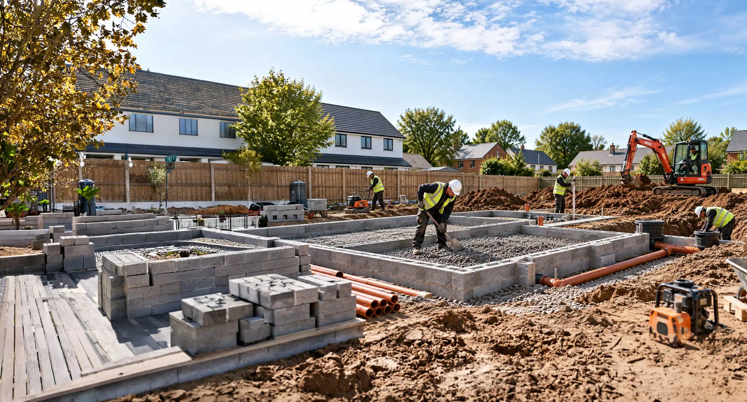 Groundworks site with excavated foundations, drainage trenches, and construction equipment preparing a residential plot for building