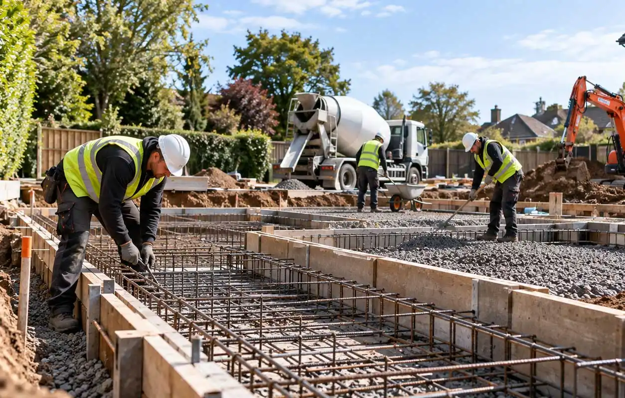 Wide-angle view of a residential construction site with workers installing reinforced foundations, tying rebar in timber formwork, and preparing groundworks with machinery and materials under a clear sky.