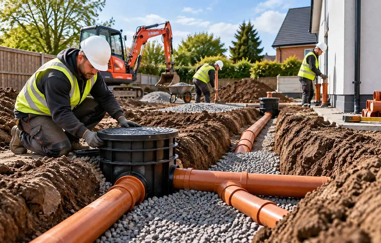 Groundworkers installing residential drainage system with orange pipes, gravel trench, inspection chamber, and excavator on a suburban construction site.