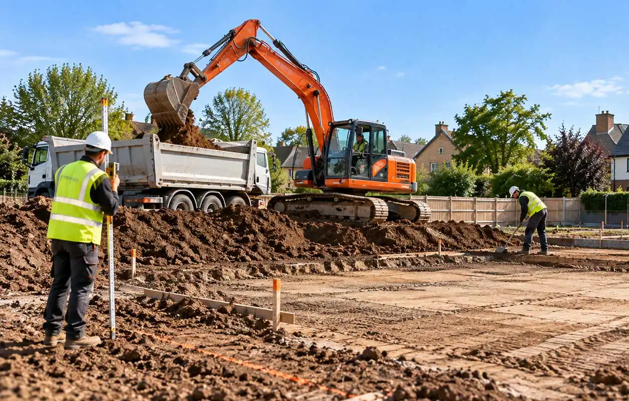 Groundworkers preparing a residential building site with excavator loading soil into a dump truck, workers leveling ground, and marked-out foundations under clear daylight sky.