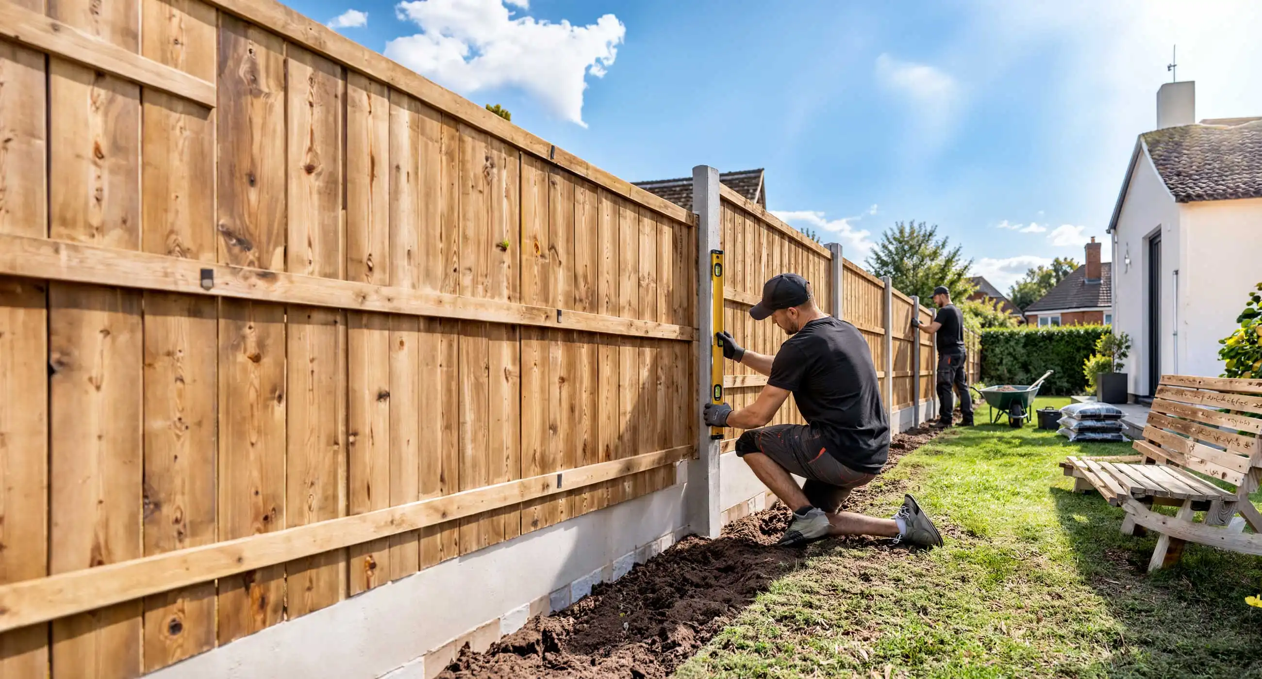 Two workers installing a timber fence in a residential garden, leveling posts and fitting panels with tools and materials laid out along the boundary.