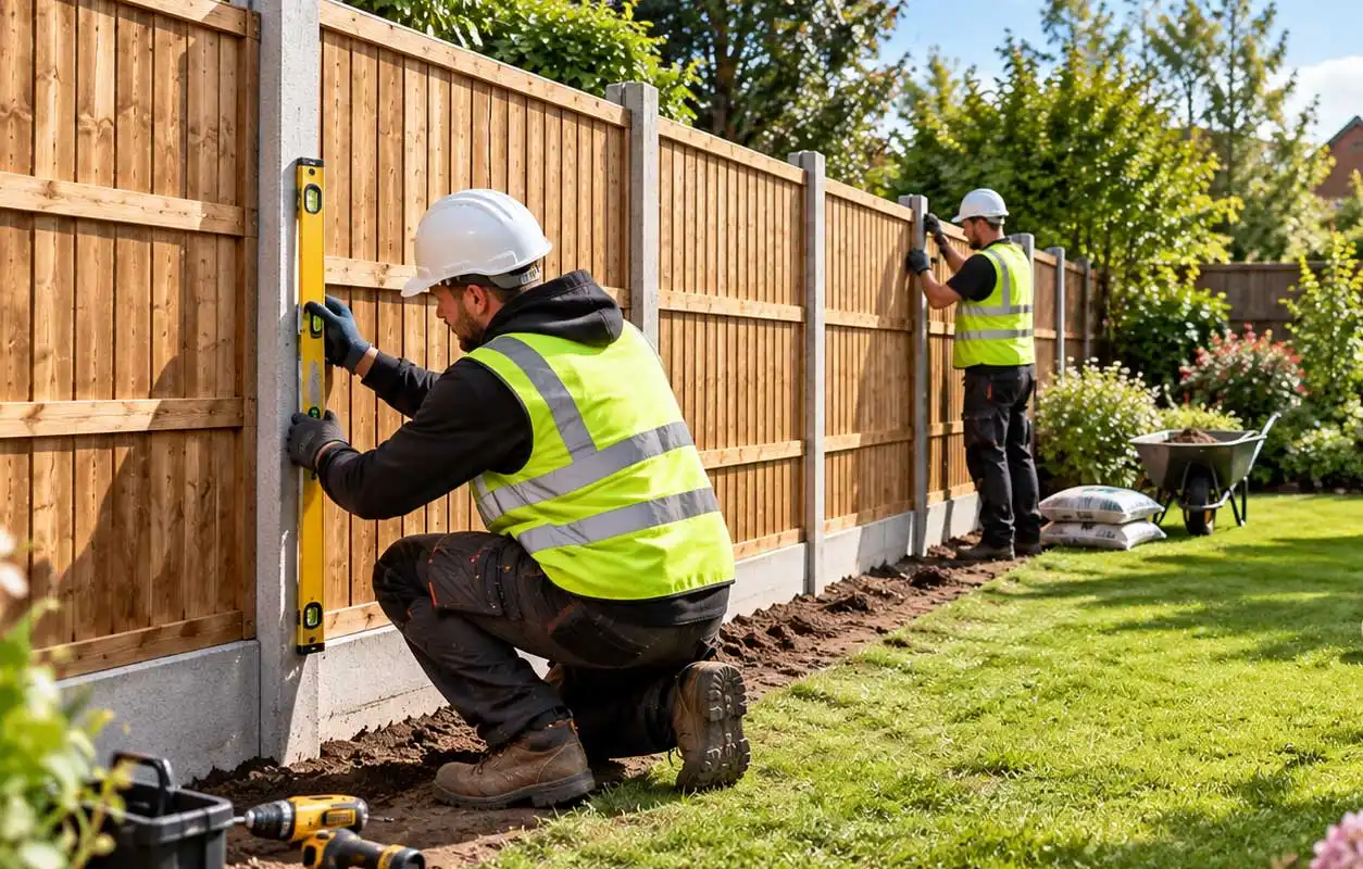 Two workers installing timber fence panels in a residential garden, one leveling a concrete post while the other secures panels along a newly set boundary.