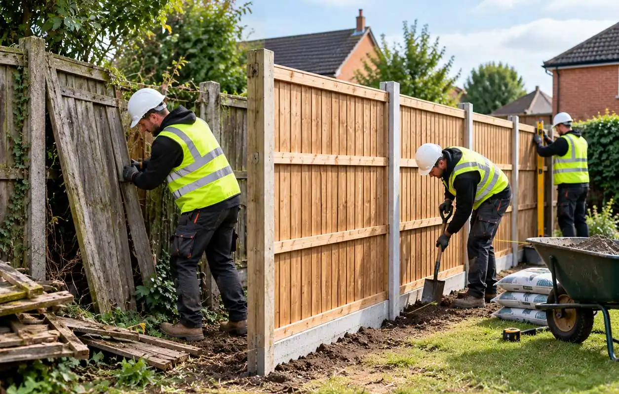 Workers replacing a residential fence, removing old damaged panels on one side while installing new timber panels and leveling posts along a property boundary.
