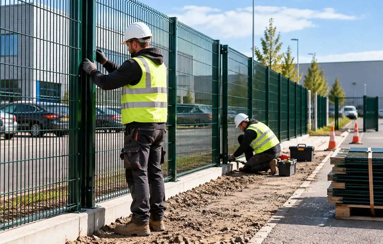 Two workers installing green metal security fencing at a commercial site, one aligning a panel while another secures the base along a concrete footing near a car park.