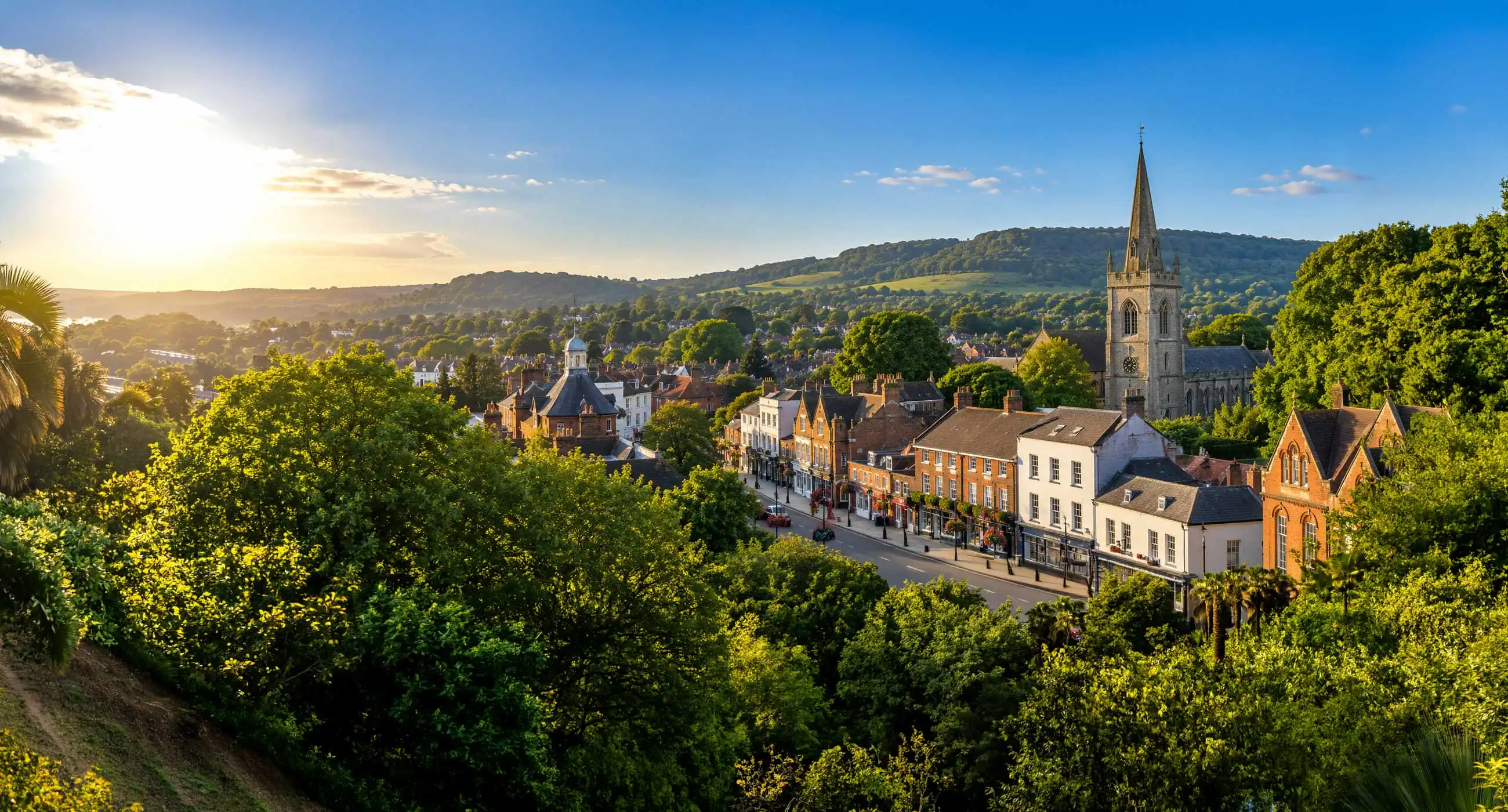 Panoramic view of Reigate town centre with historic buildings, church spire, and rolling green hills under warm golden hour light, wide 21:9 landscape banner