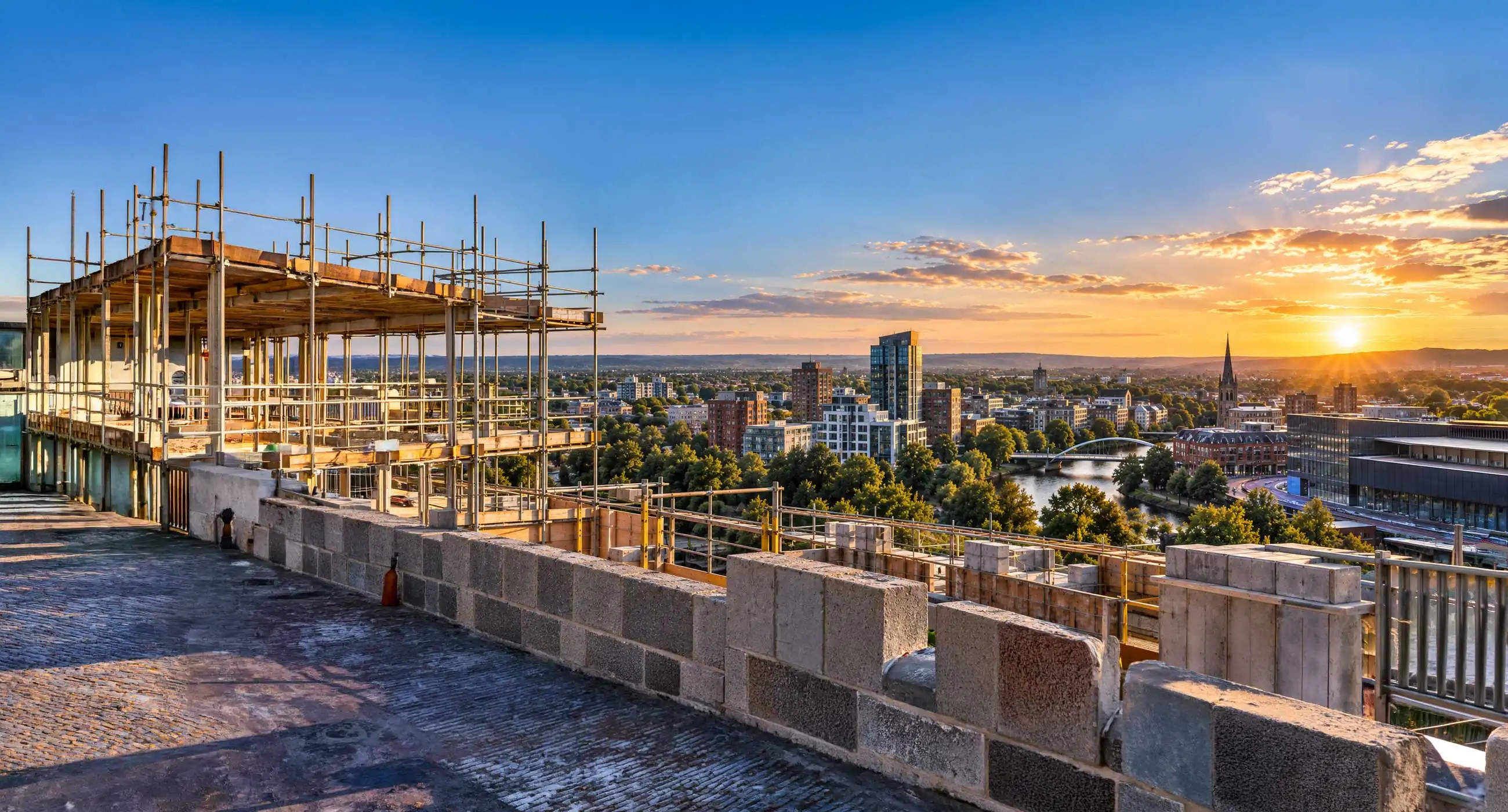 Panoramic construction site overlooking Reading, UK at sunset with scaffolding, concrete blocks, river, bridge, and city skyline in a wide 21:9 composition