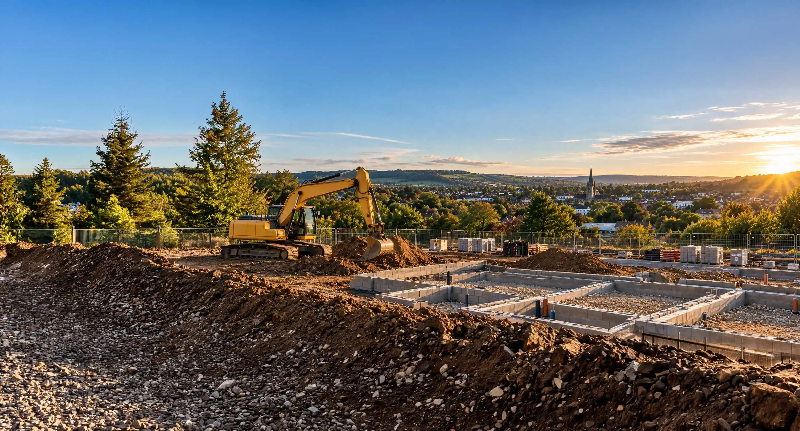Construction site at golden hour with excavator, foundation trenches, and materials, overlooking a town and rolling countryside, no people or branding
