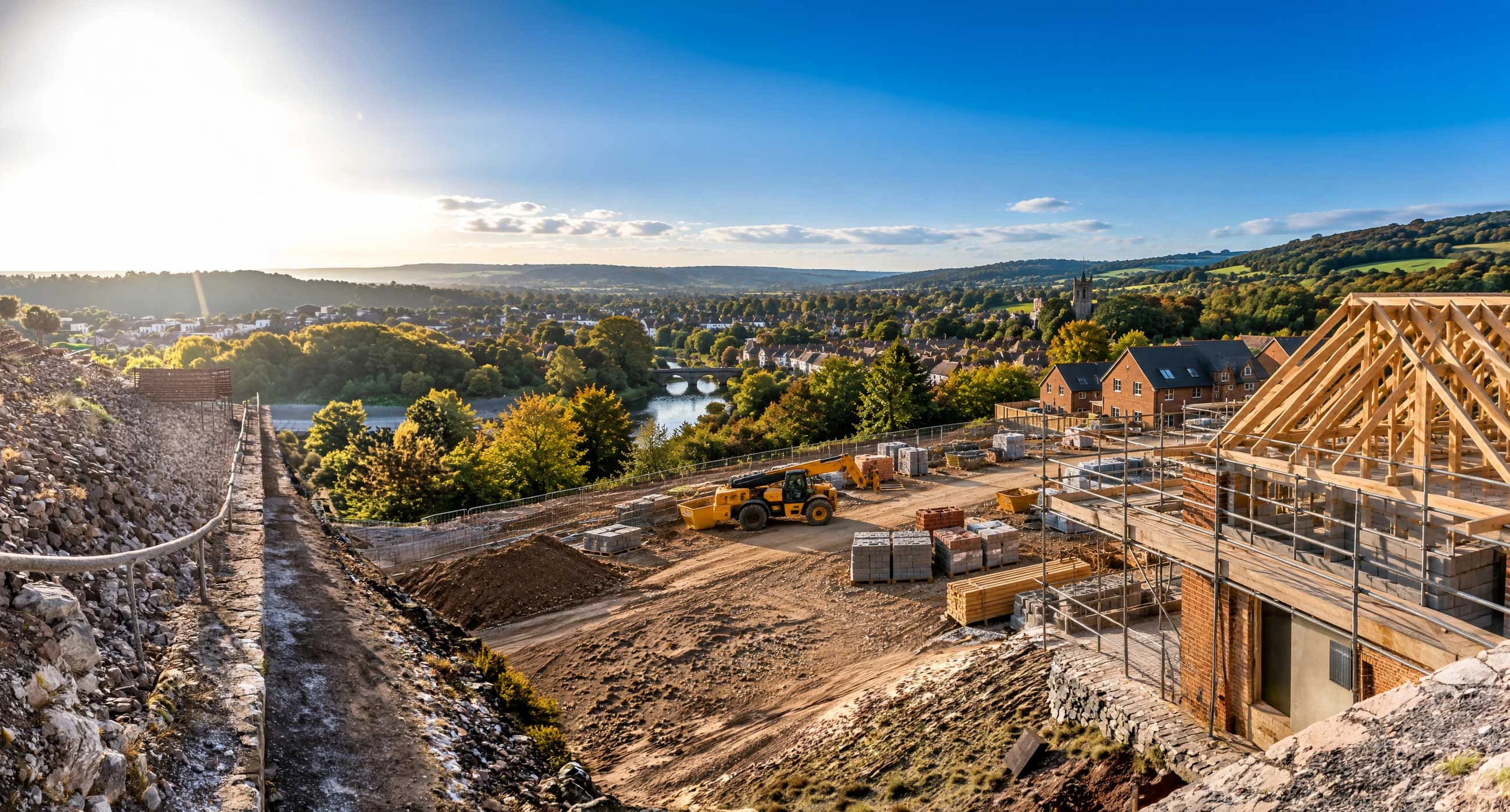 Construction site in Leatherhead with timber-framed house build, scaffolding, telehandler, and materials, overlooking river, bridge, and countryside in bright daylight