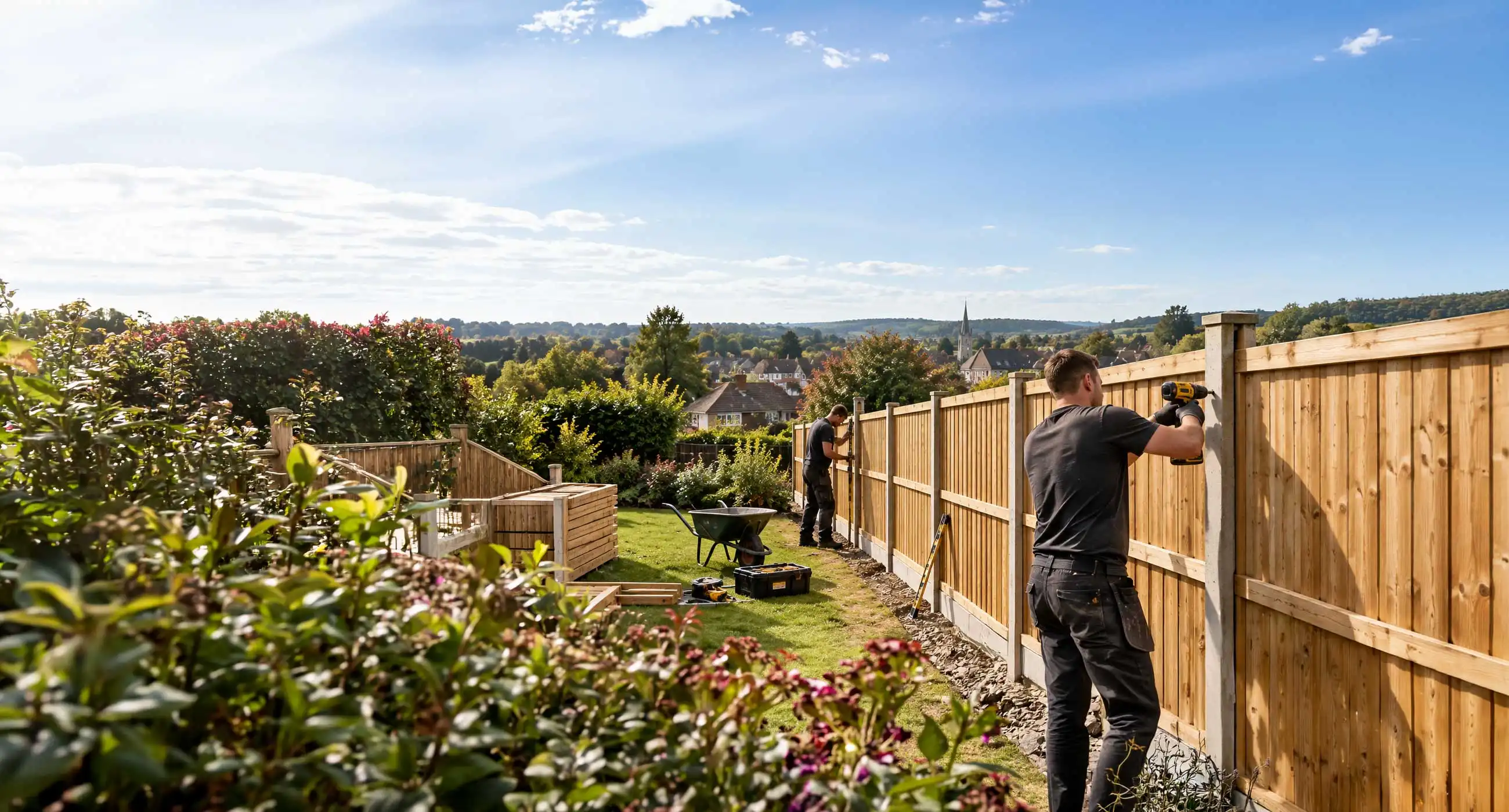 Timber fence installation in Horley with workers securing wooden panels along a residential garden, tools and materials in foreground, suburban homes and countryside in background under clear daylight sky