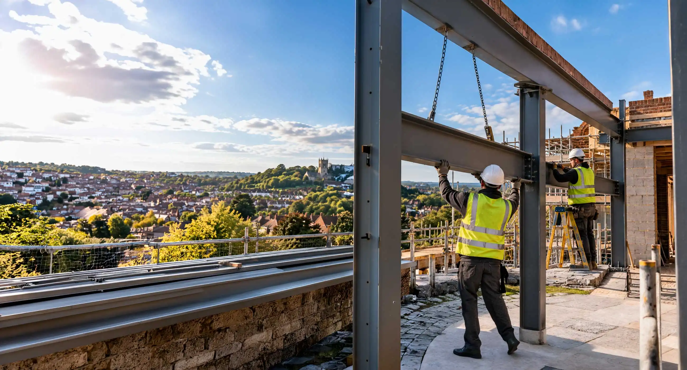 Structural steel installation in Guildford with workers positioning large steel beams on a residential build, scaffolding and crane in use, overlooking town and countryside in clear daylight