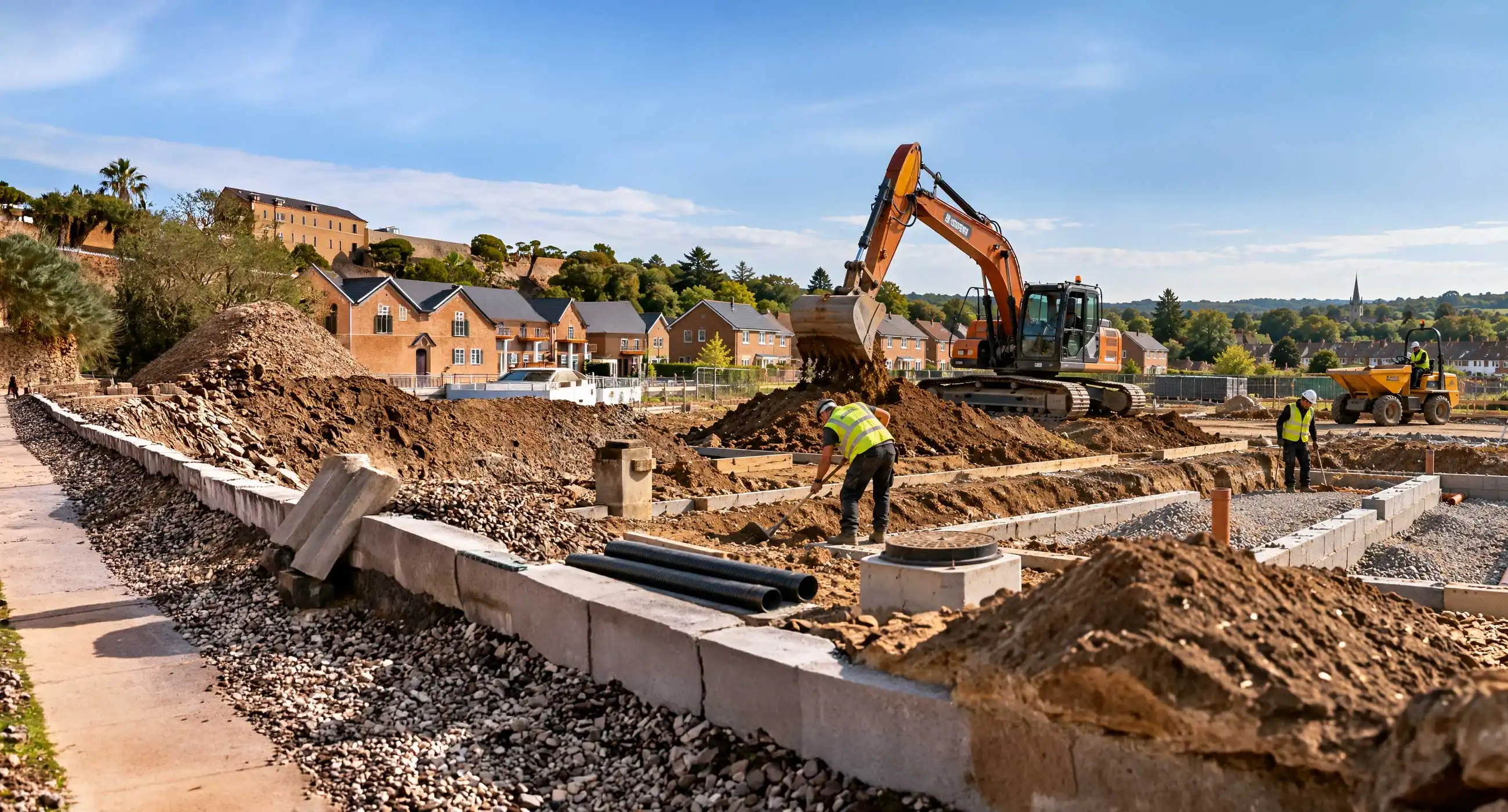 Groundworks services in Fleet with excavator digging trenches, workers preparing foundations, drainage pipes and materials across a residential construction site in clear daylight