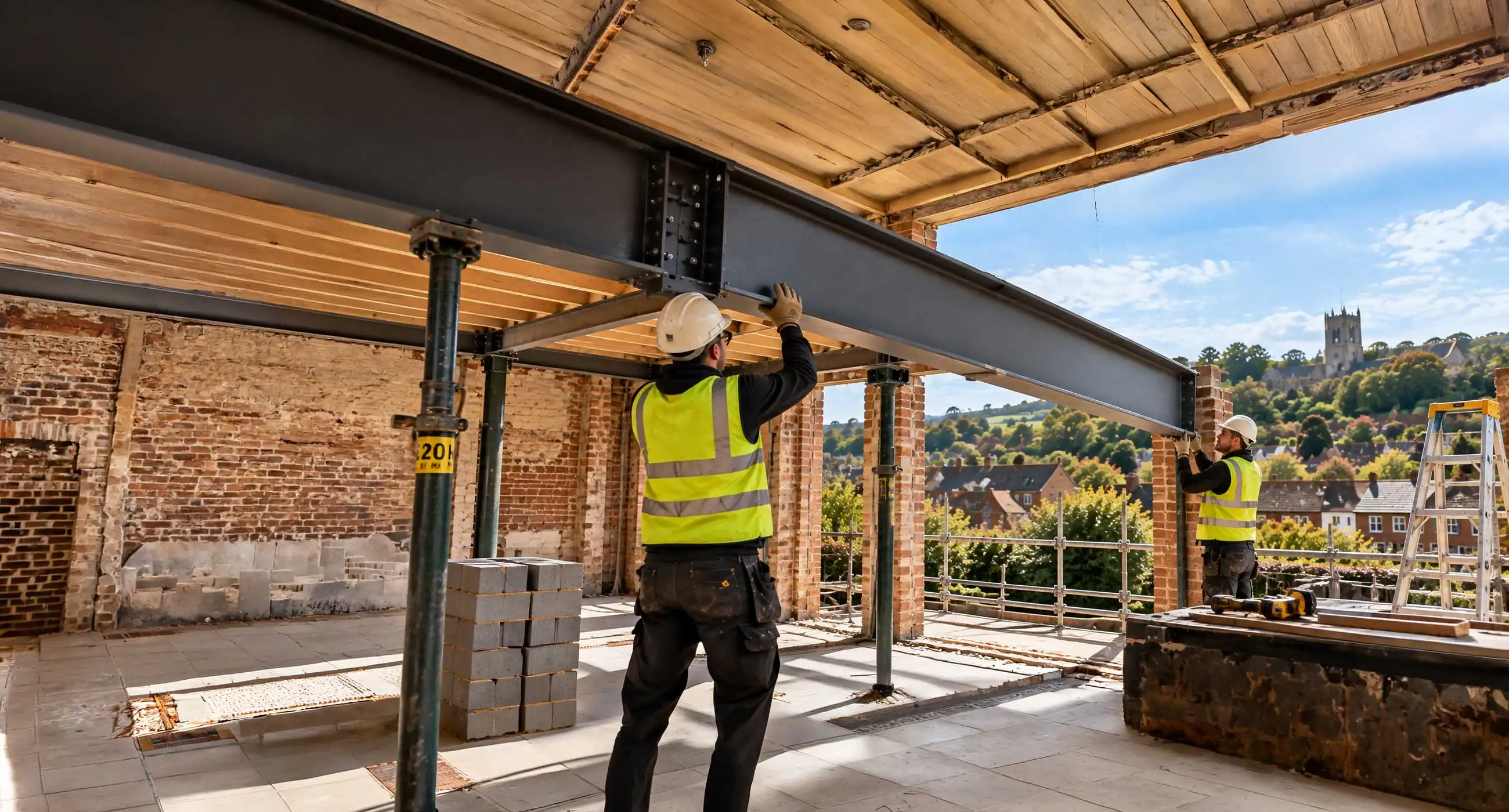 Structural steel and RSJ installation in Farnham with workers positioning a large steel beam inside a residential build, exposed brick walls, support props, and scaffolding with town and countryside in background