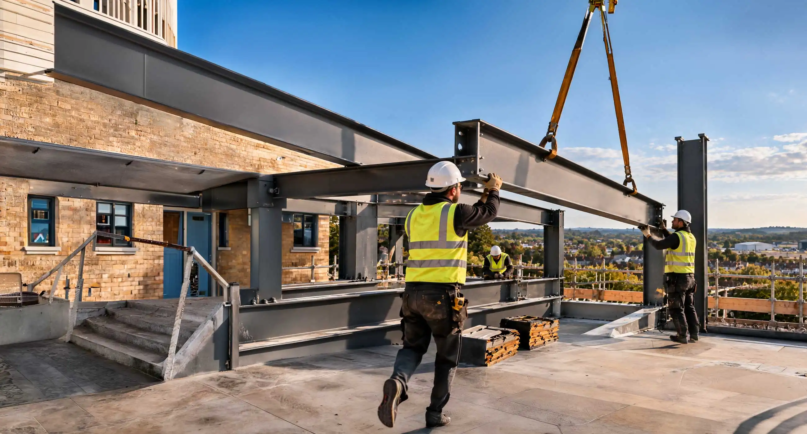 Steel installation services in Farnborough with workers guiding large structural steel beams into position using crane and lifting straps on a construction site, scaffolding and town with airport in background under clear sky