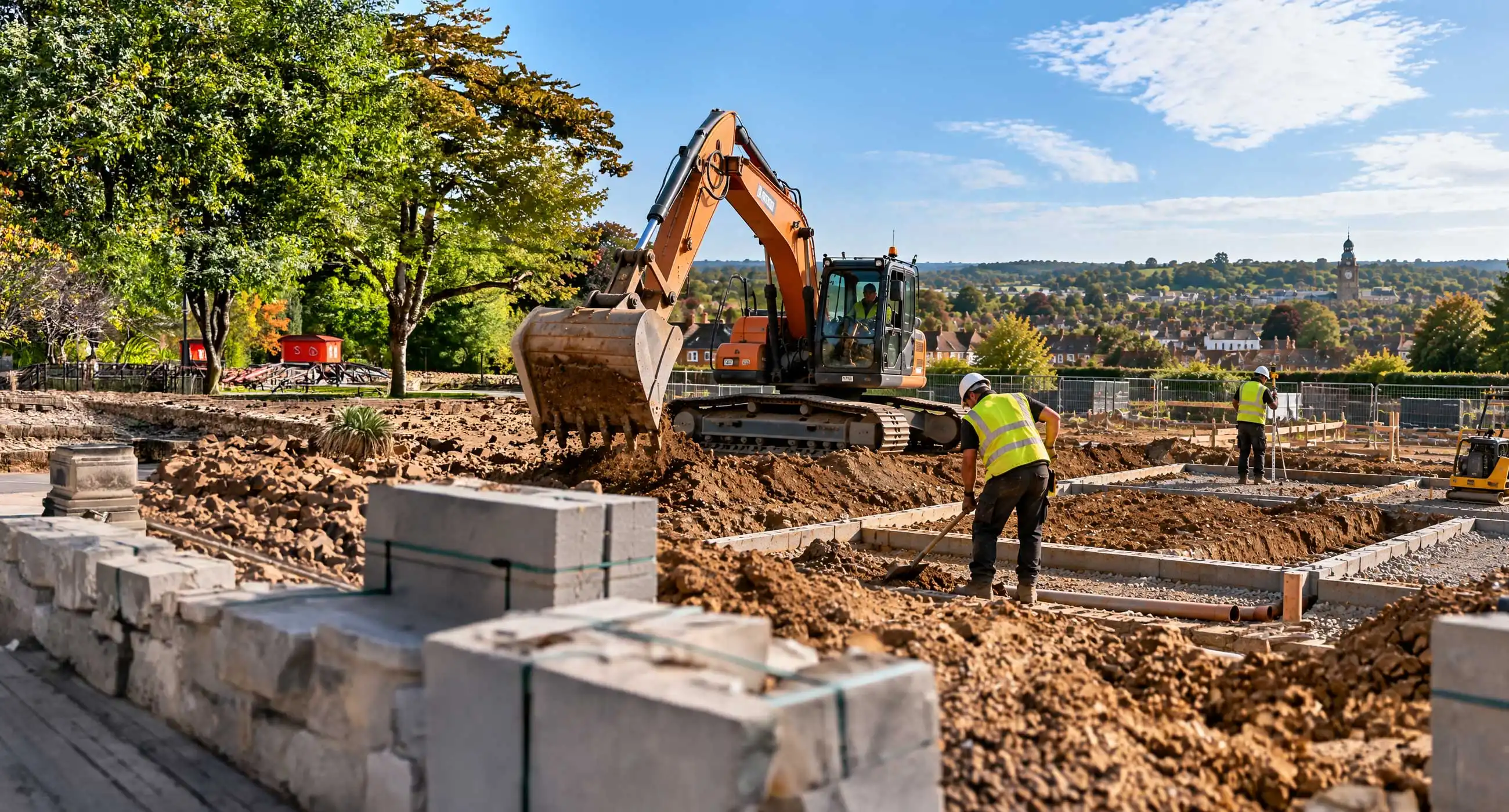 Groundwork services in Epsom with excavator digging foundation trenches, workers preparing base layers, drainage pipes and materials across a residential construction site with town and countryside in background
