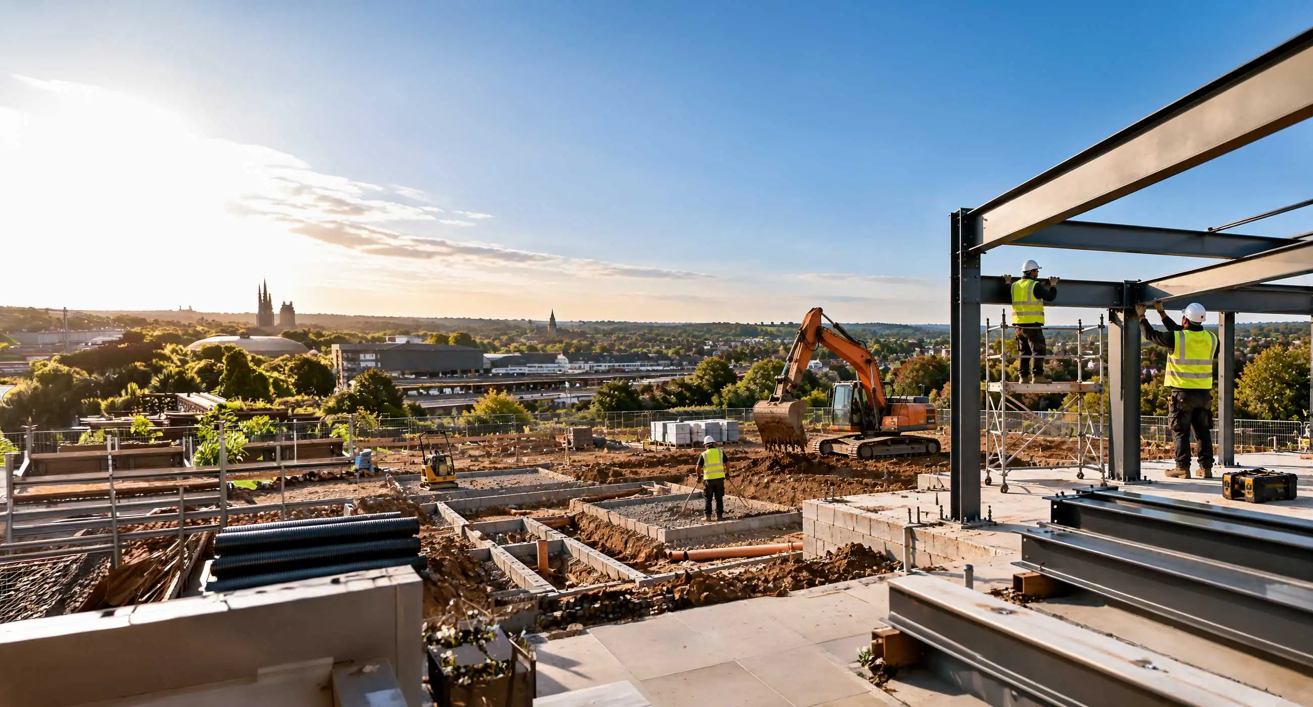 Steel and groundworks services in Eastleigh with workers installing structural steel frame and excavator preparing foundation trenches, scaffolding, drainage pipes, and construction materials across a large site under warm daylight sky