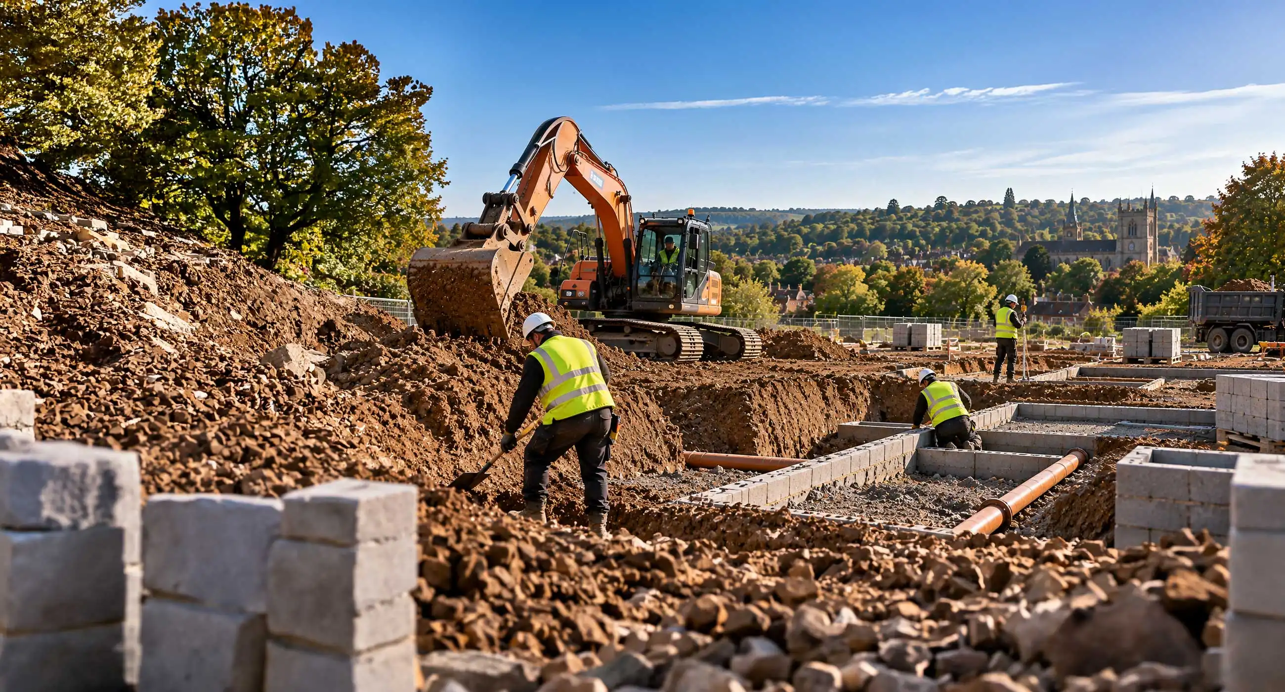 Groundwork and excavation site with excavator digging trenches, workers preparing foundations and drainage pipes, construction materials across a large residential build with countryside and church backdrop under clear daylight