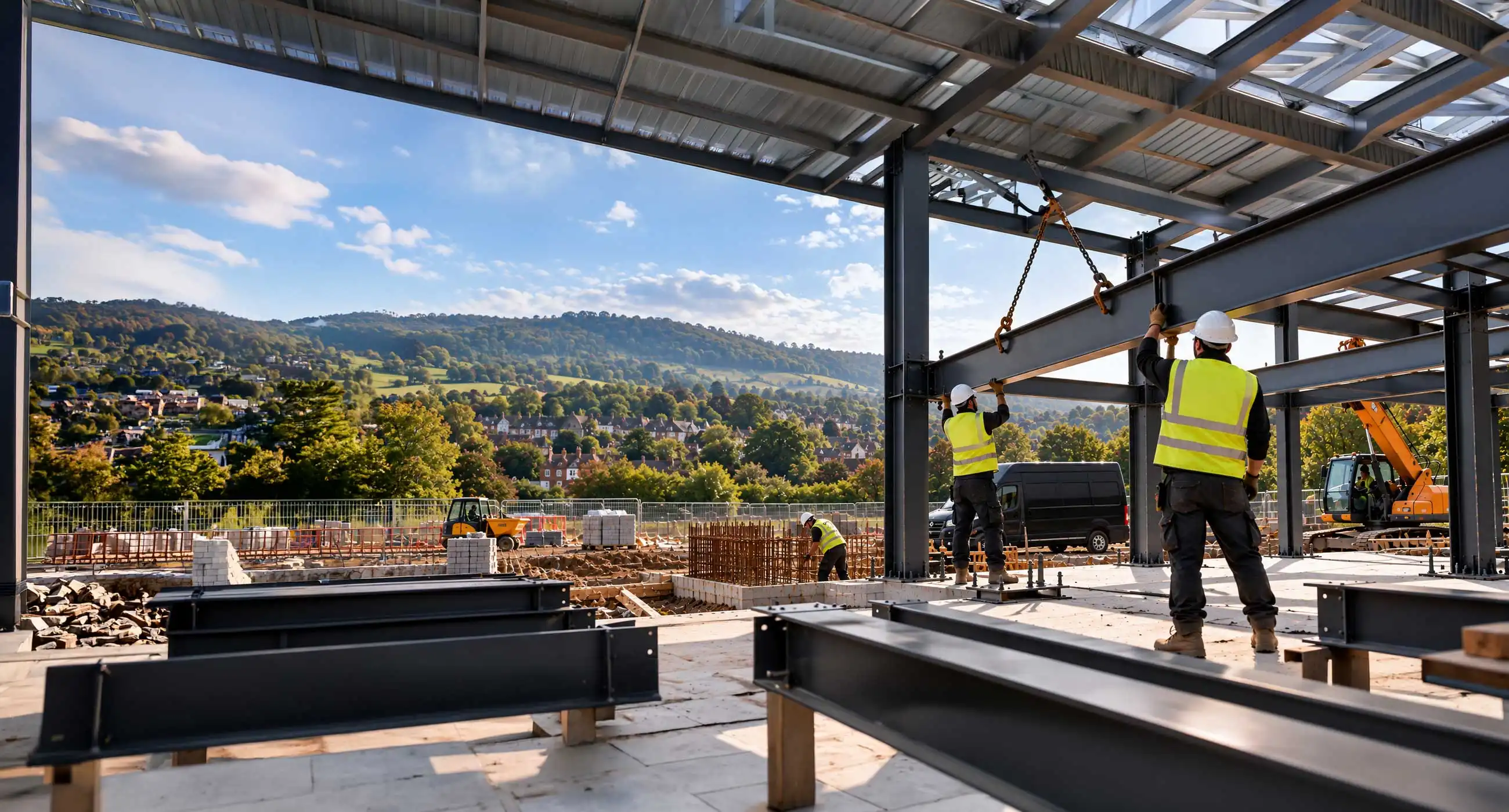 Structural steel installation in Dorking with workers guiding a suspended steel beam inside a framed build, branded van on site, machinery and materials across an active construction area with rolling hills and town backdrop under bright daylight