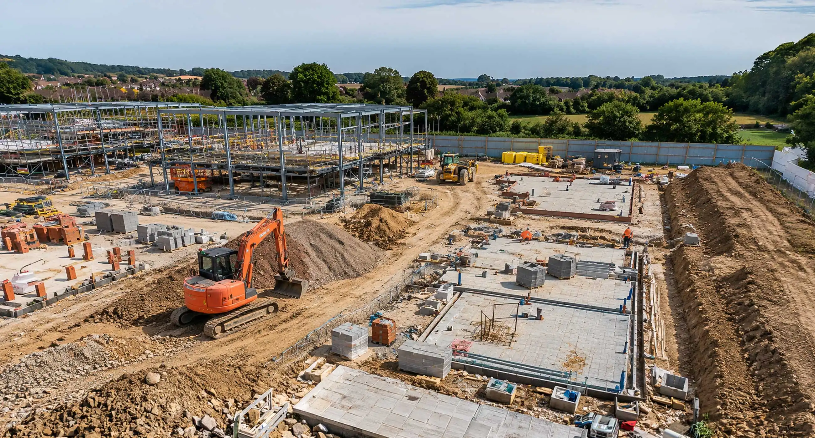 Aerial view of steel installation and groundworks in Crawley with excavators, concrete foundations, and active construction site.