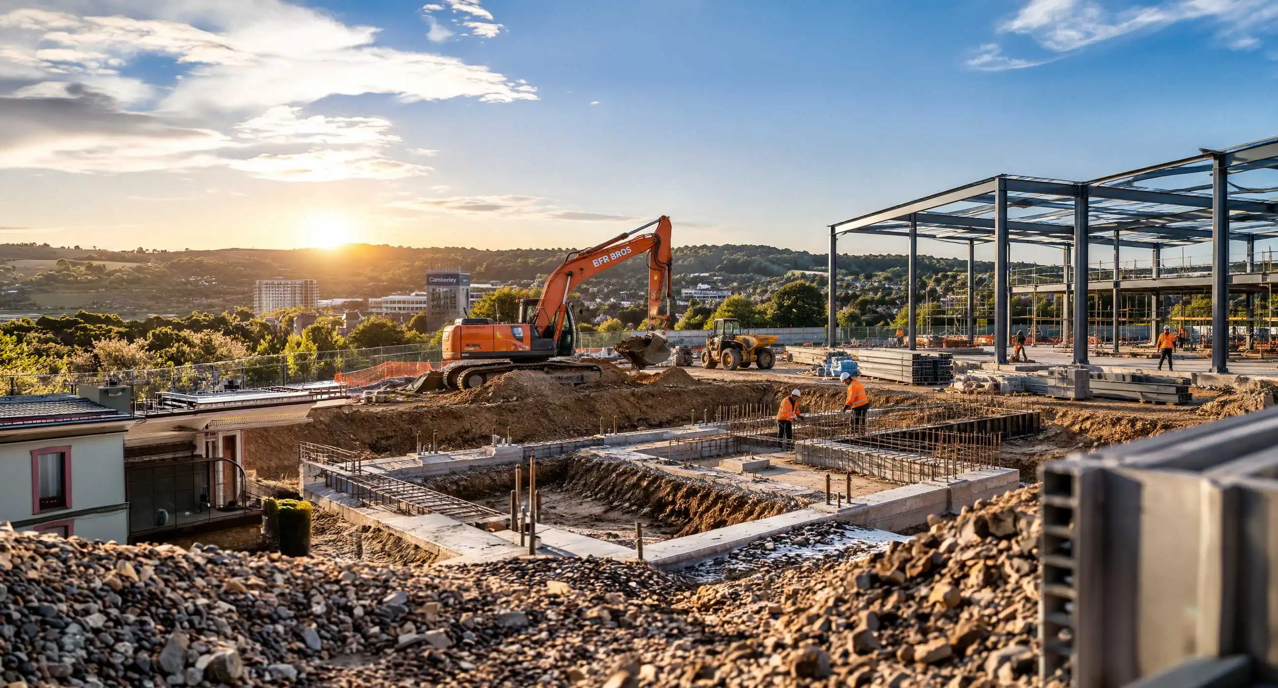 Groundworks and steel installation site in Camberley with excavator, concrete foundations, rebar, and workers assembling structural steel frame at sunset.