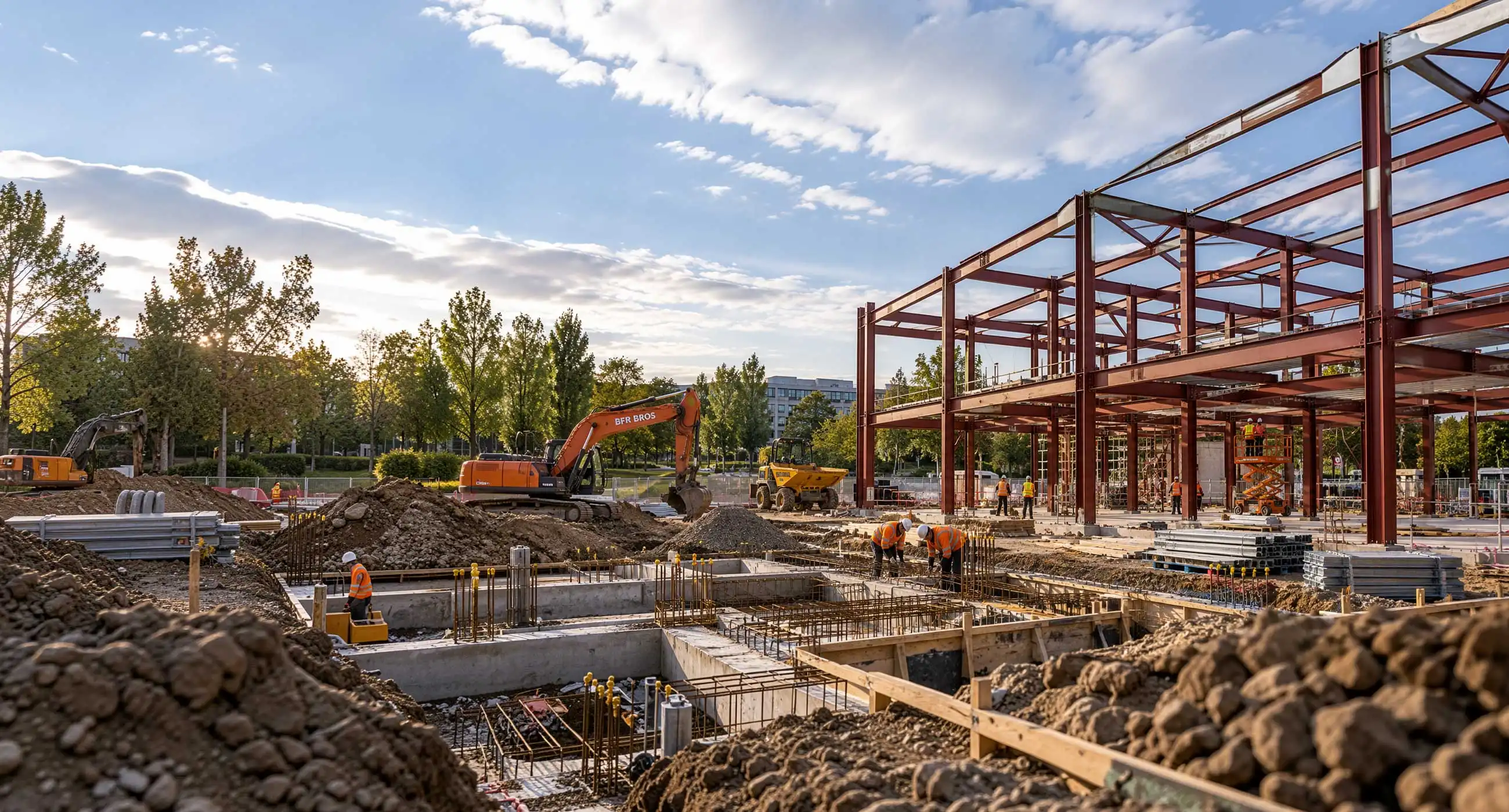 Structural steel frame installation in Bracknell with workers, groundworks excavation, concrete foundations, and construction materials on active site.