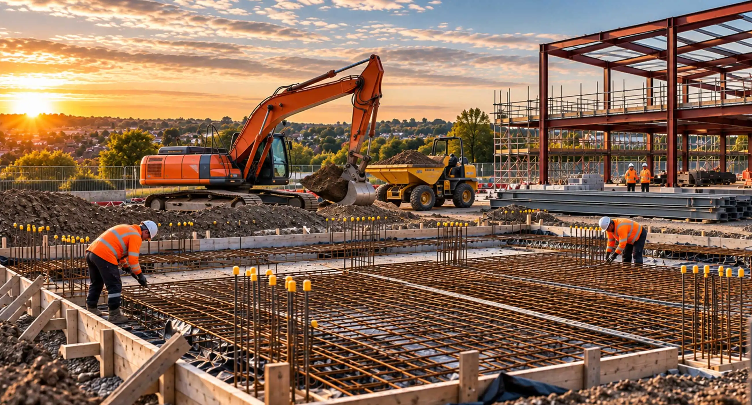 Groundworks and structural steel construction site with excavator, rebar foundations, concrete formwork, and workers assembling steel frame at sunset.