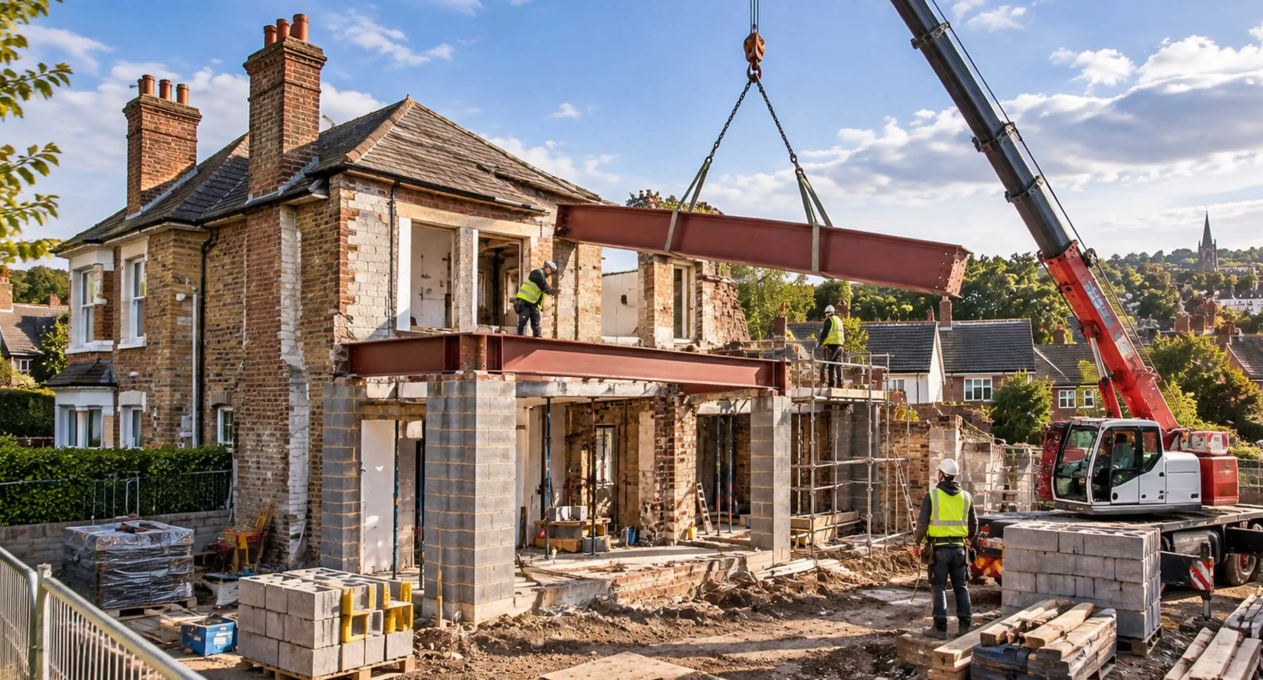 Wide view of residential construction with crane lifting steel beam, workers installing RSJ, scaffolding, and surrounding neighborhood under clear sky.