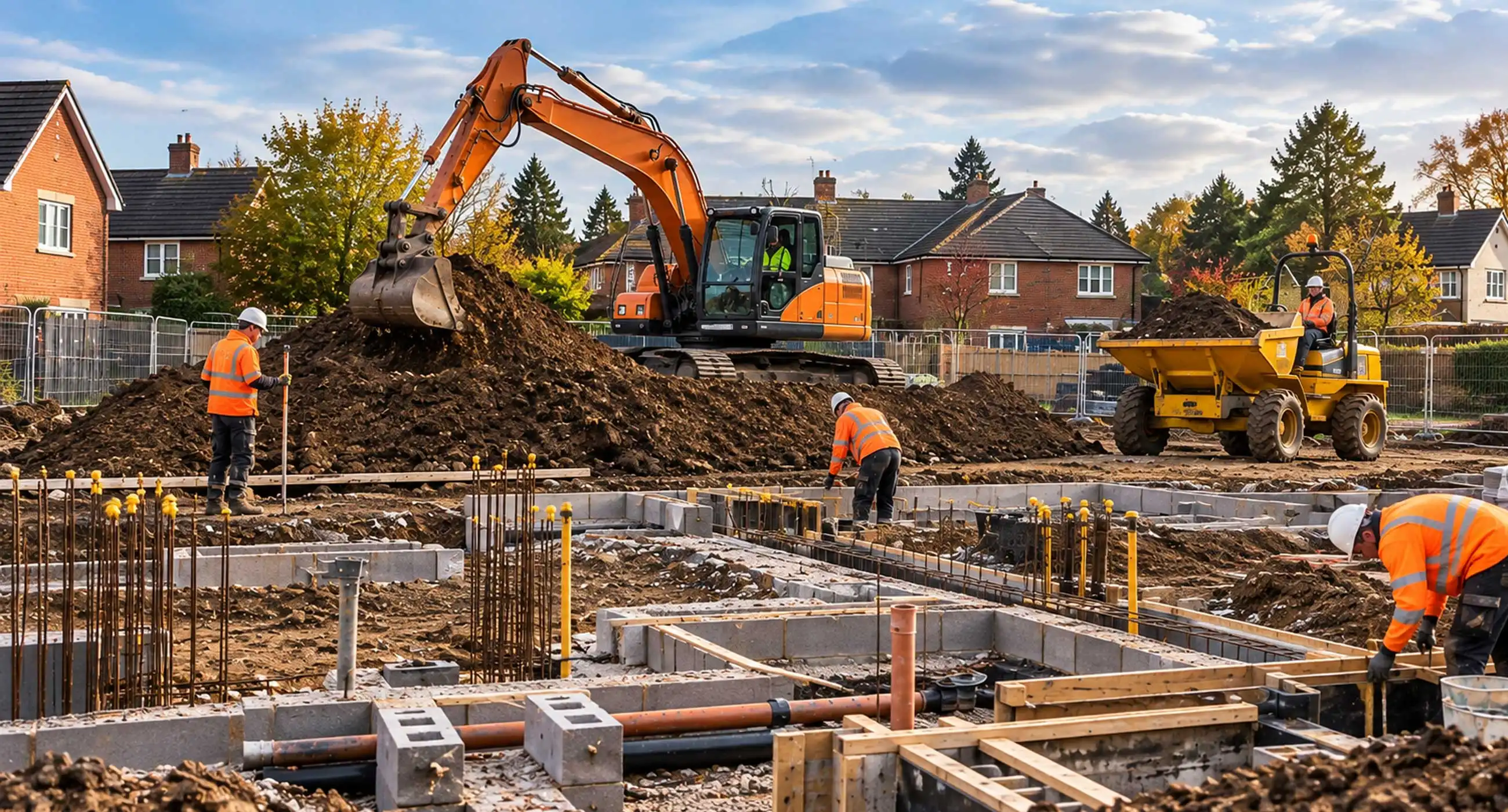 Groundworks construction site with excavator, concrete foundations, rebar, and workers preparing footings in a residential area under clear sky.
