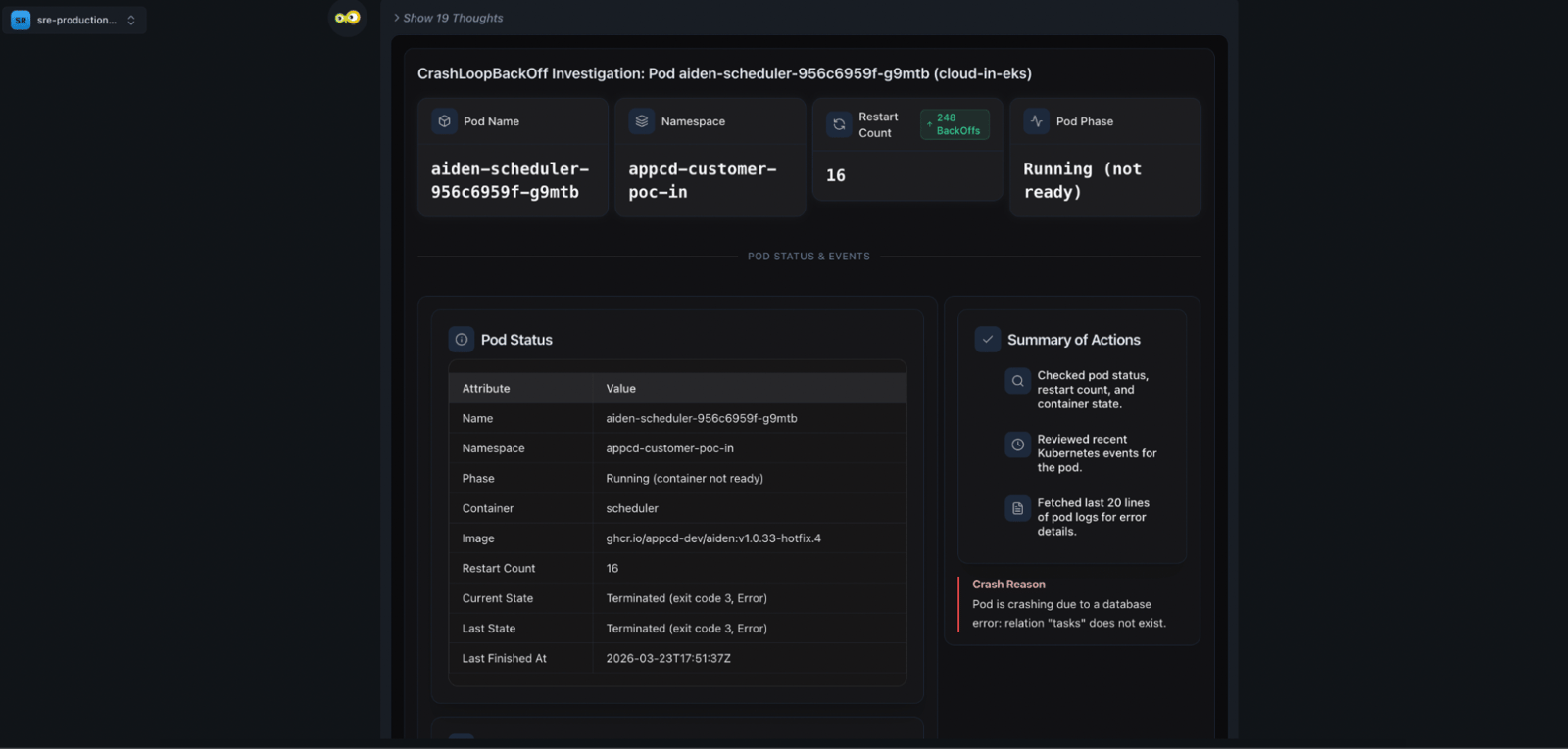 Aiden pulling Kubernetes events and pod logs