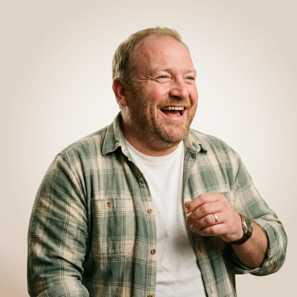 Smiling middle-aged man with short hair and a beard wearing a green plaid shirt over a white t-shirt, a wristwatch, and a wedding ring, against a light beige background.