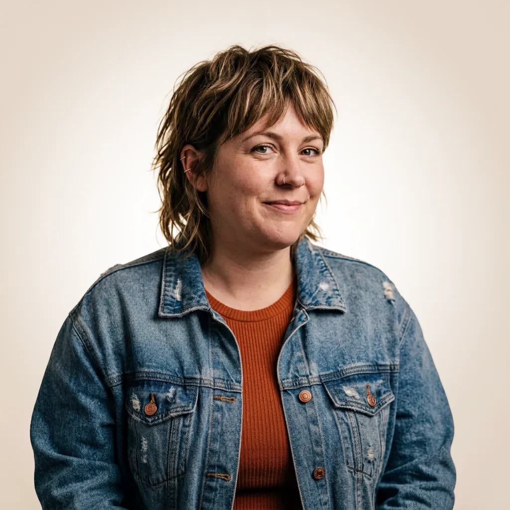 Smiling woman with short tousled hair wearing a nose ring, earrings, an orange ribbed shirt, and a distressed denim jacket against a plain light background.