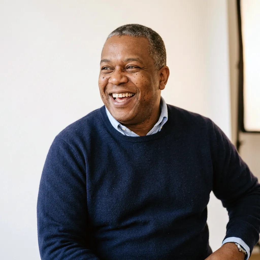 Smiling middle-aged man wearing a navy blue sweater over a light blue collared shirt, seated against a plain light background.