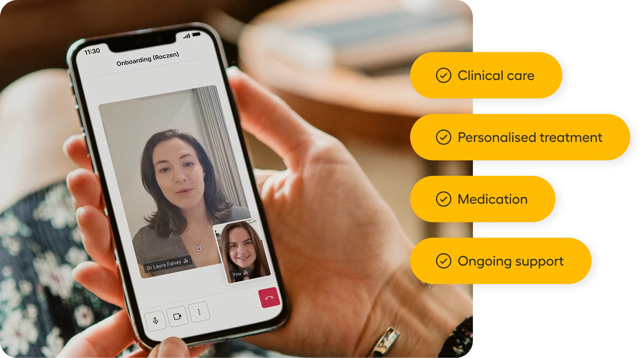 Person holding a smartphone showing a video call between Dr. Laura Falvey and another woman, with checkmarked labels beside the phone reading Clinical care, Personalised treatment, Medication, and Ongoing support.
