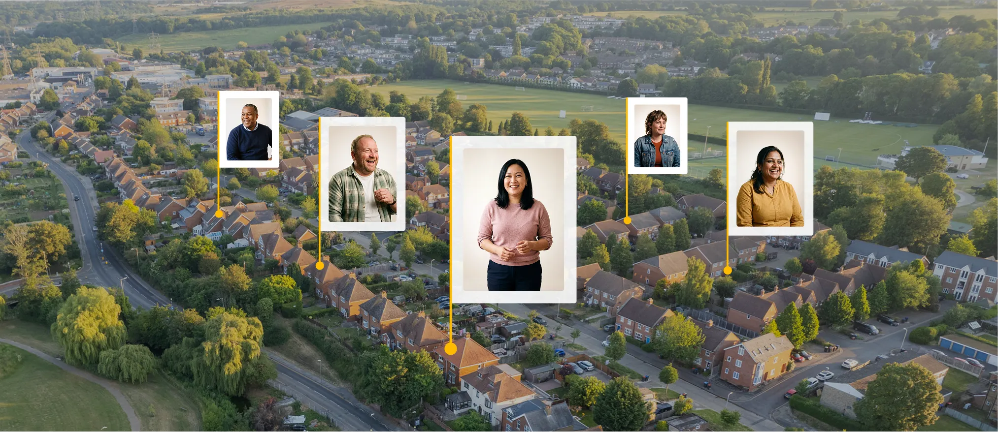 Aerial view of a residential neighborhood with five individual portraits of diverse people overlaid, each connected by yellow lines to different houses in the area.