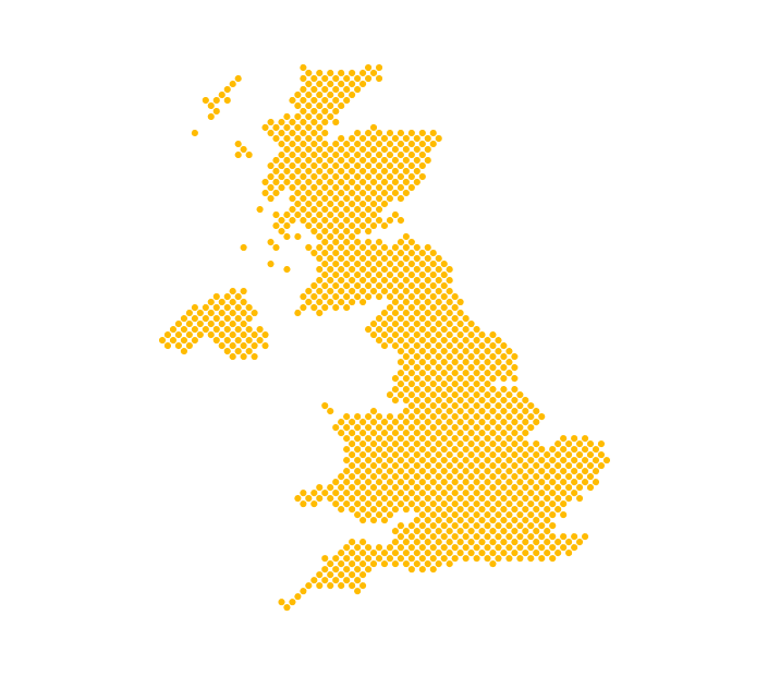 Map of the United Kingdom composed of small orange dots arranged to outline the geographic shape of the UK including Great Britain and Northern Ireland.