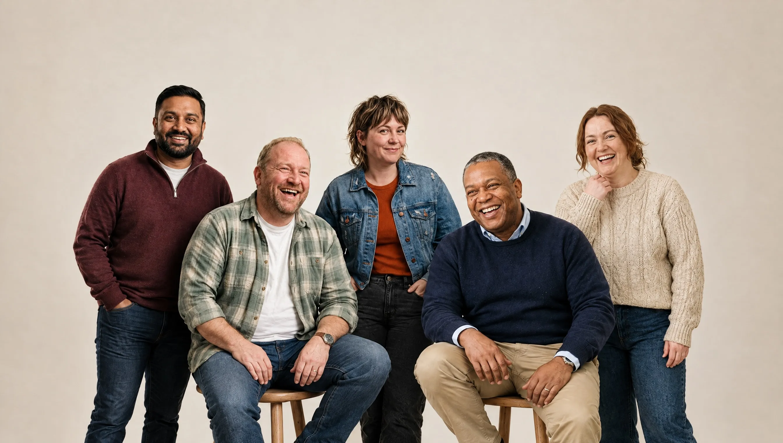 Group of five diverse adults smiling and posing together against a plain beige background, two sitting on stools and three standing behind them.