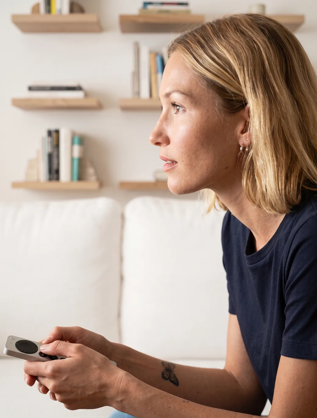 A woman on a sofa holding a TV remote, with alerts for a failed login, buffering, and a stalled ad break